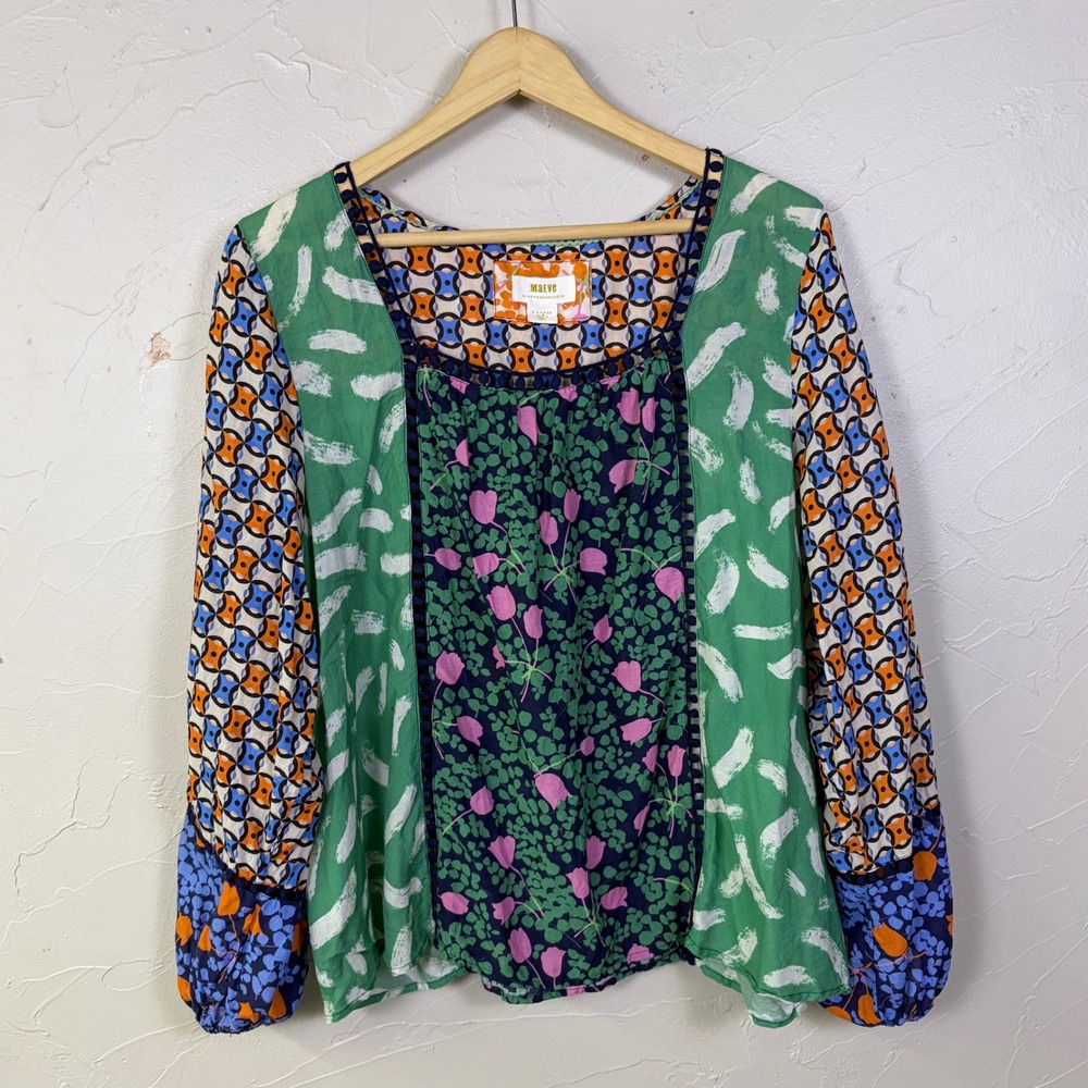 Maeve Anthropologie Blouse Top Women XL Patchwork Floral Square Neck Boho Bright
